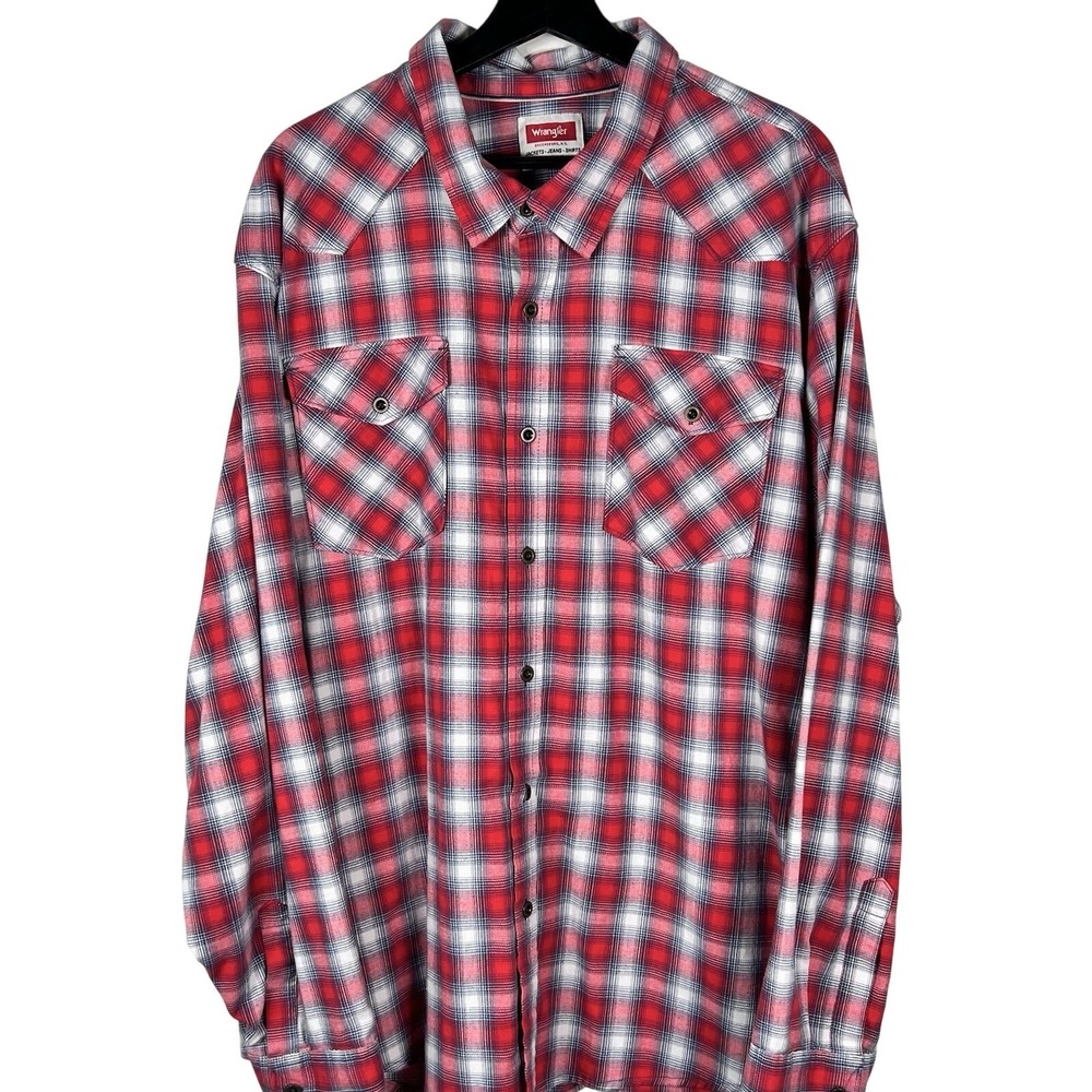 Wrangler Mens 3XL Red White Plaid Western Button Up Shirt Long Sleeve Outdoor